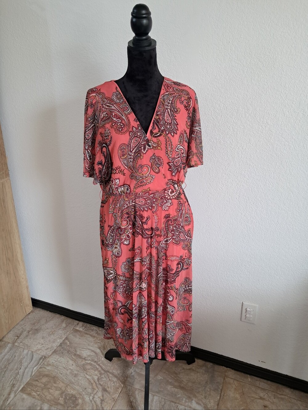Studio One Sz 16 Coral Paisley Faux Wrap Midi Dress Short Sleeve Boho Peasant